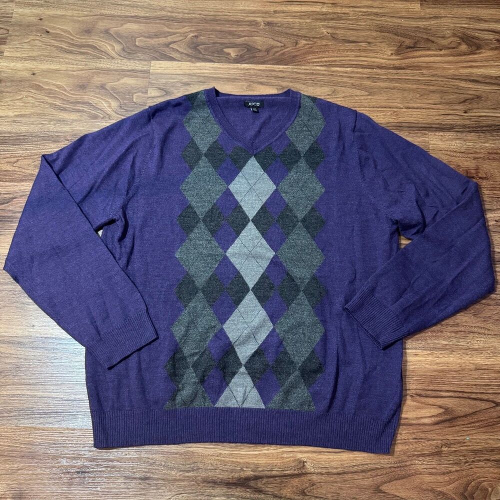 Apt. 9 Argyle Sweater Purple Merino Wool Acrylic V-Neck Sweatshirt Mens Size 2XL